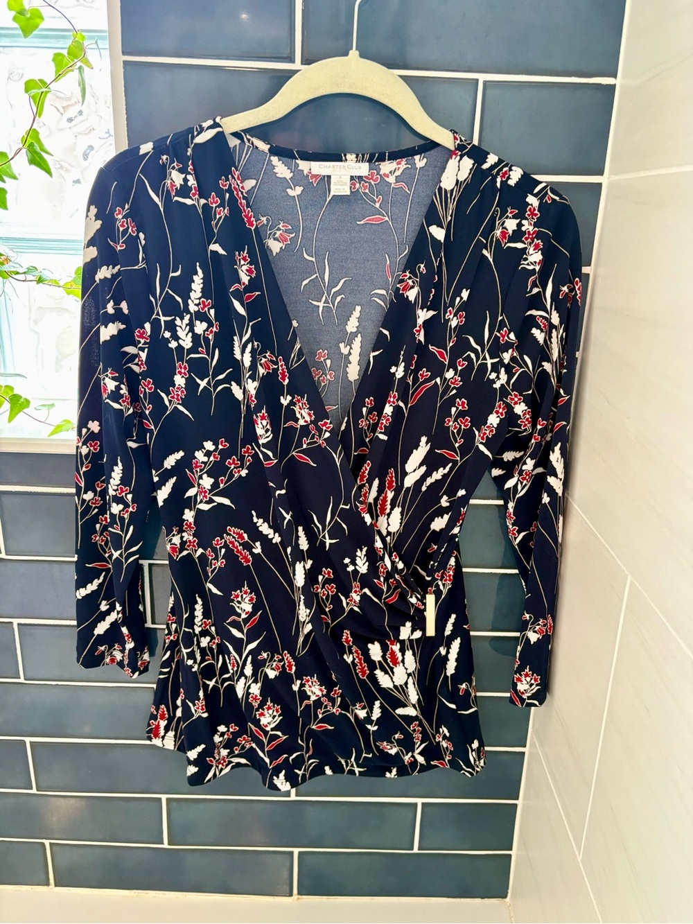 Charter Club Navy Floral Wrap Blouse with White & Red Blooms